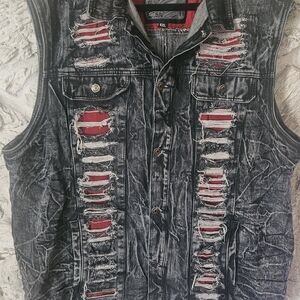 Rugged Black Denim Vest with Red Accents